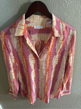 Equipment Femme 100% Silk Blouse Pink Orange Abstract Print Button Front Size M
